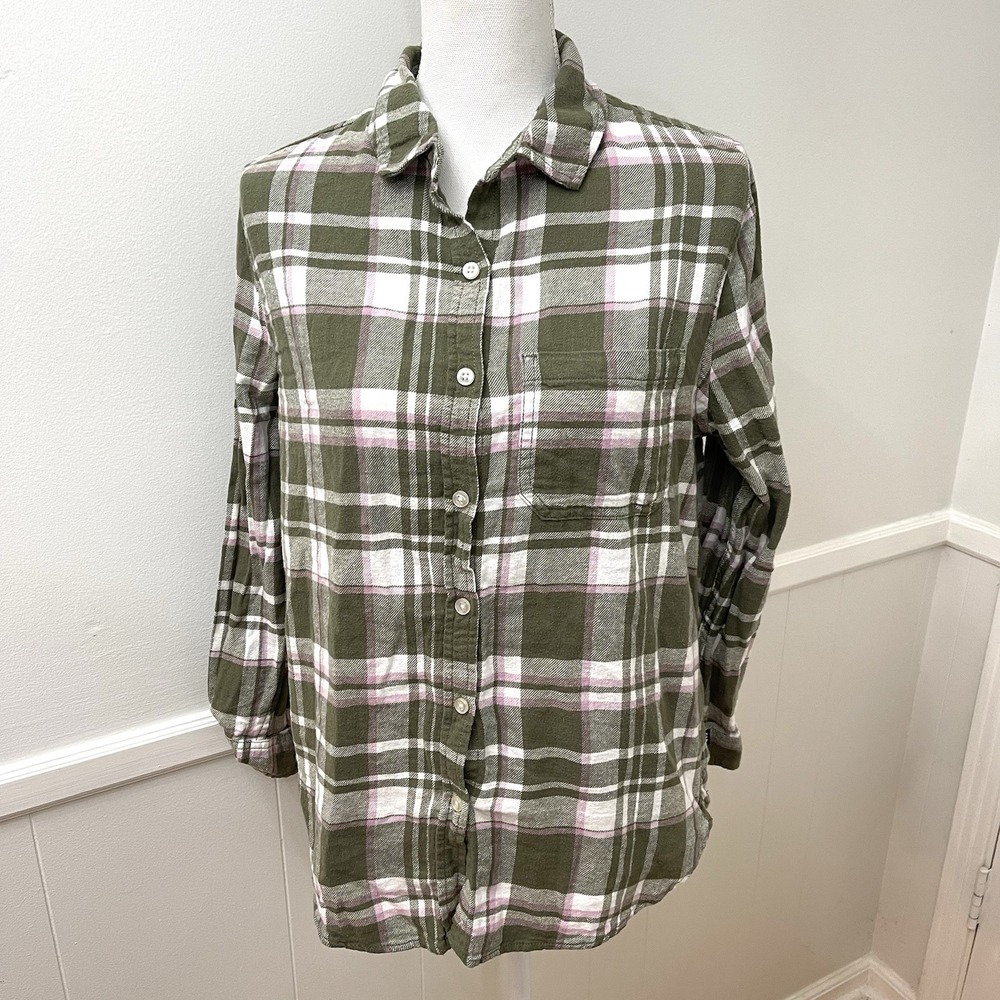 Gap Long Sleeve Flannel Button Up XS Green And Pink Plaid